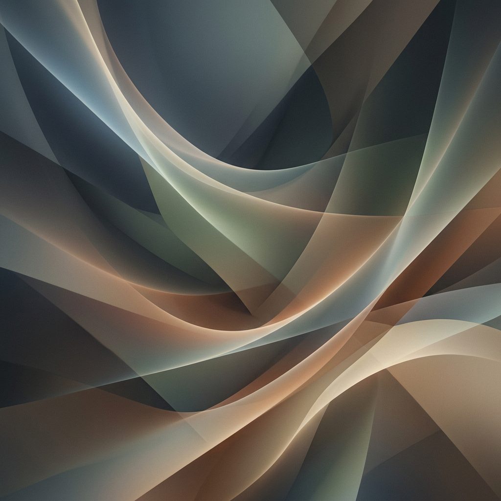Abstract composition of layered, translucent flowing shapes in muted tones